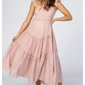 Light Pink Smocked Linen Ruffle Accent Maternity Dress